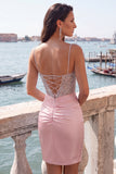 Sparkly Pink Satin Sequin Tight Short Corset Homecoming Dress
