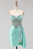 Sparkly Corset Dark Green Beaded Tight Short Satin Homecoming Dress