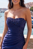 Navy Beaded Ruched Tight Short Homecoming Dress with Slit