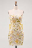 Sparkly Floral Pink Sequin Tight Short Homecoming Dress with Bow