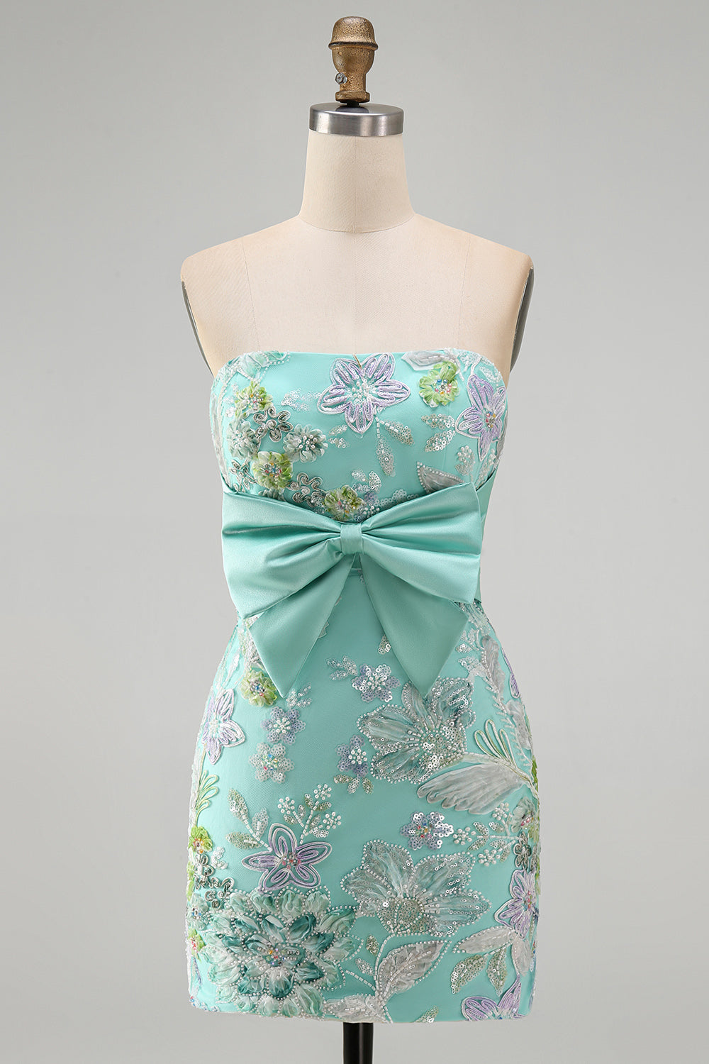 Floral Mint Green Sequin Tight Short Homecoming Dress with Bow