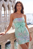 Floral Mint Green Sequin Tight Short Homecoming Dress with Bow