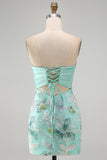 Floral Mint Green Sequin Tight Short Homecoming Dress with Bow