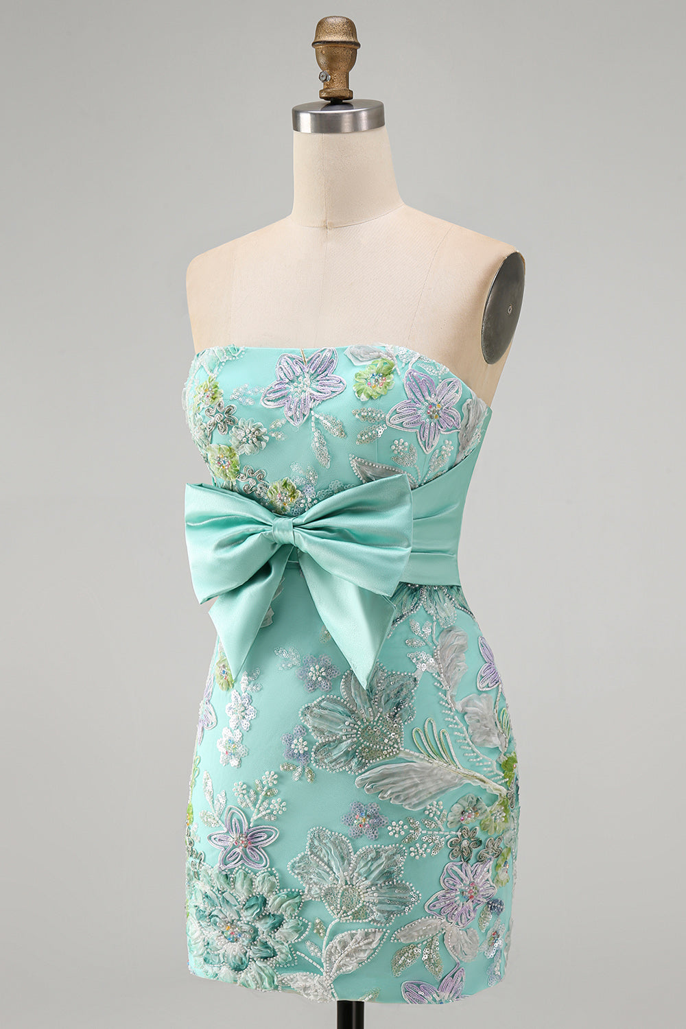 Floral Mint Green Sequin Tight Short Homecoming Dress with Bow