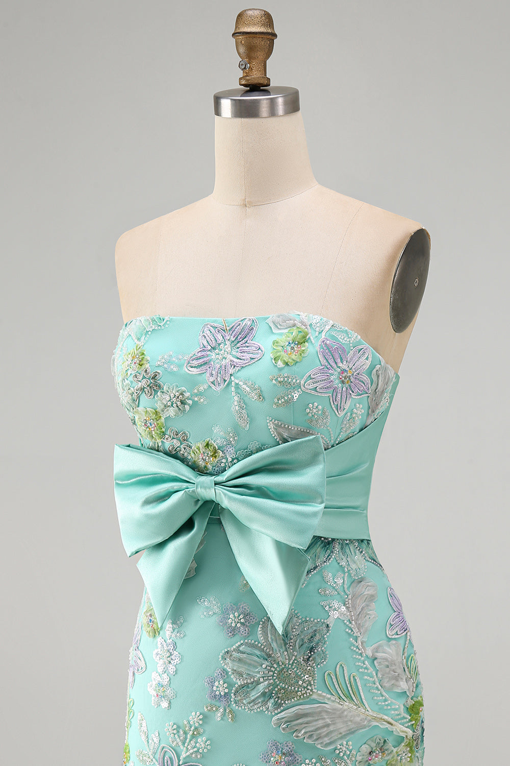 Floral Mint Green Sequin Tight Short Homecoming Dress with Bow