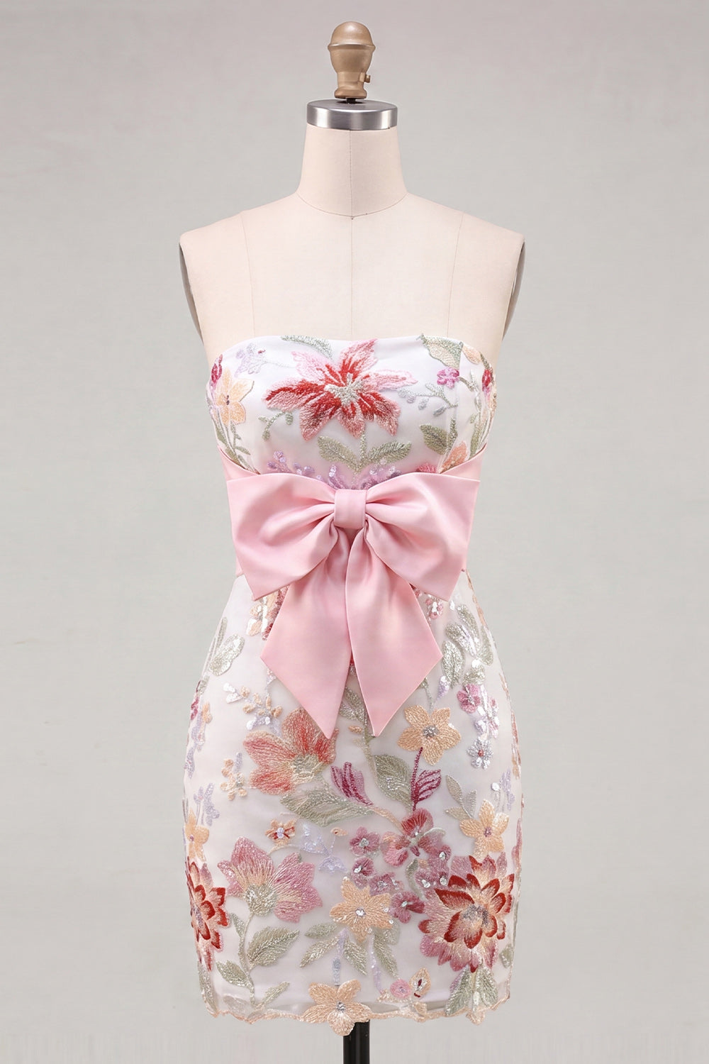 Floral Mint Green Sequin Tight Short Homecoming Dress with Bow