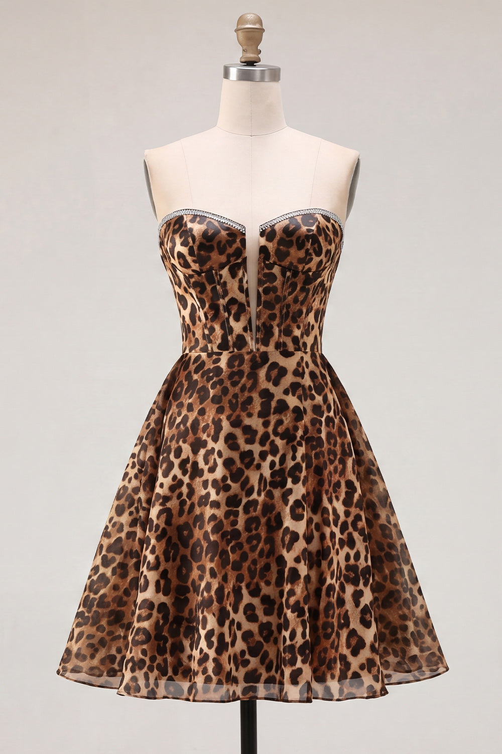 Zapakasa Women Brown Leopard Beaded Short Corset Homecoming Dress A-Line Sweetheart Cocktail Dress