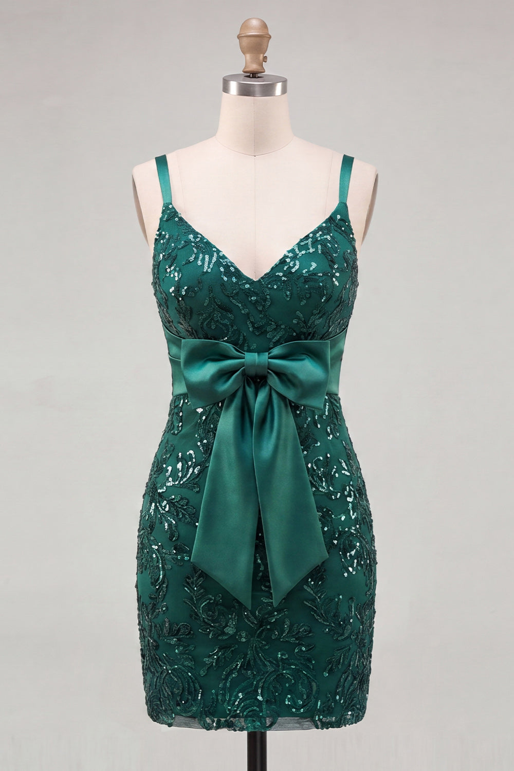 Sparkly Dark Green Sequin Tight Short Homecoming Dress with Bow