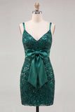 Sparkly Dark Green Sequin Tight Short Homecoming Dress with Bow