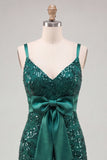 Sparkly Dark Green Sequin Tight Short Homecoming Dress with Bow