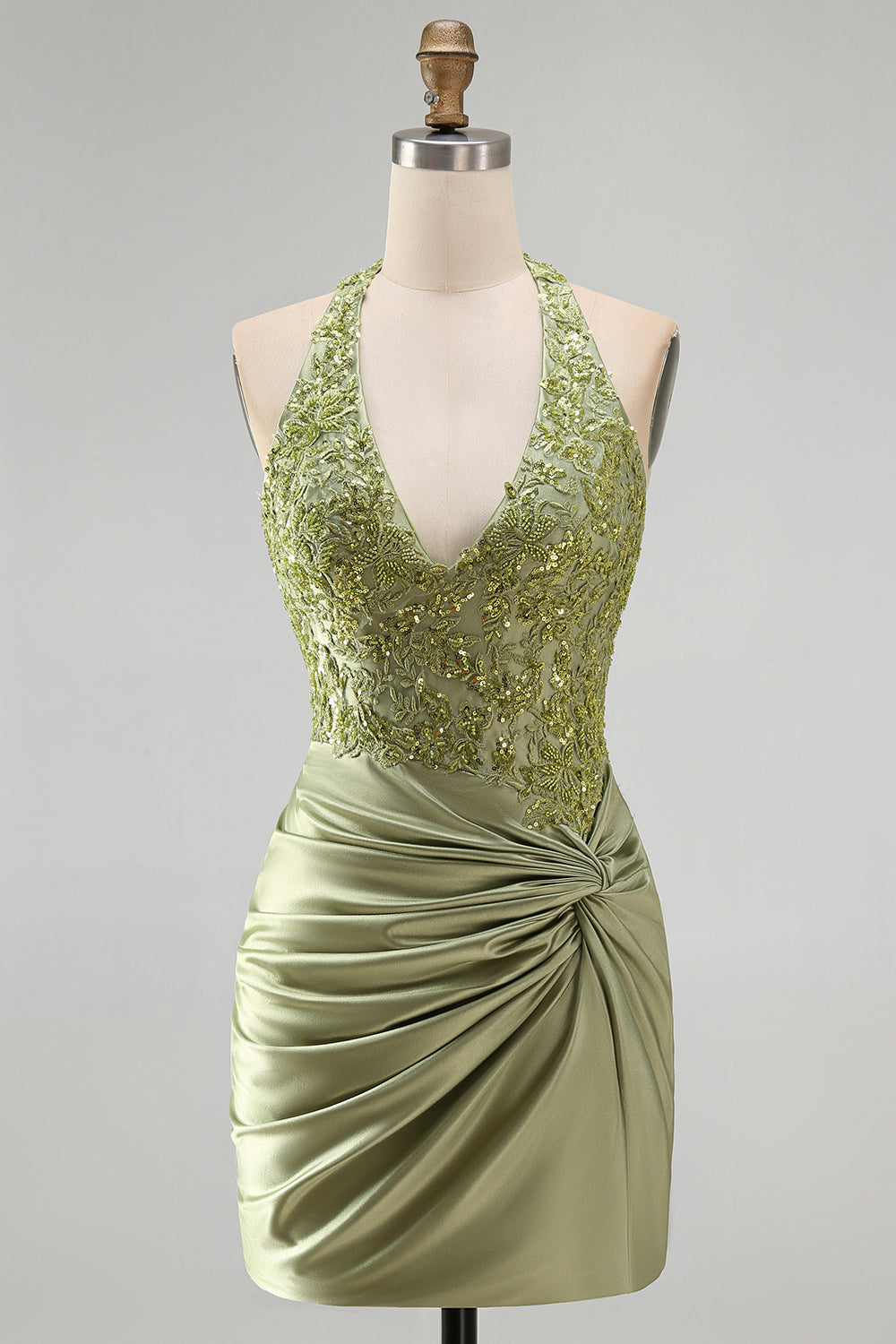 Army Green Appliqued Ruched Halter Tight Short Corset Homecoming Dress