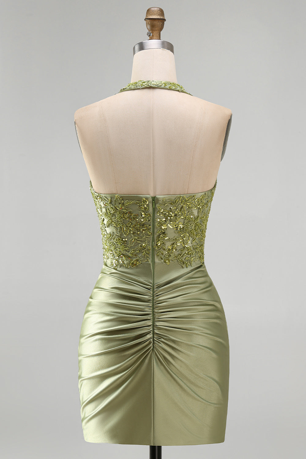 Army Green Appliqued Ruched Halter Tight Short Corset Homecoming Dress