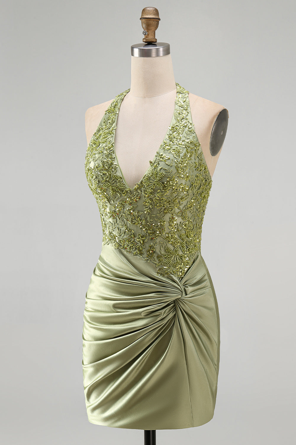 Army Green Appliqued Ruched Halter Tight Short Corset Homecoming Dress