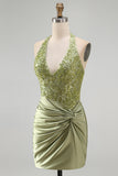 Army Green Appliqued Ruched Halter Tight Short Corset Homecoming Dress