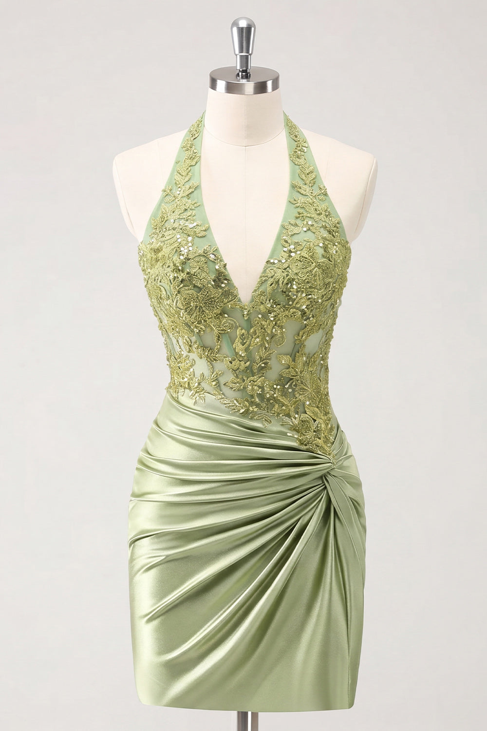 Army Green Appliqued Ruched Halter Tight Short Corset Homecoming Dress