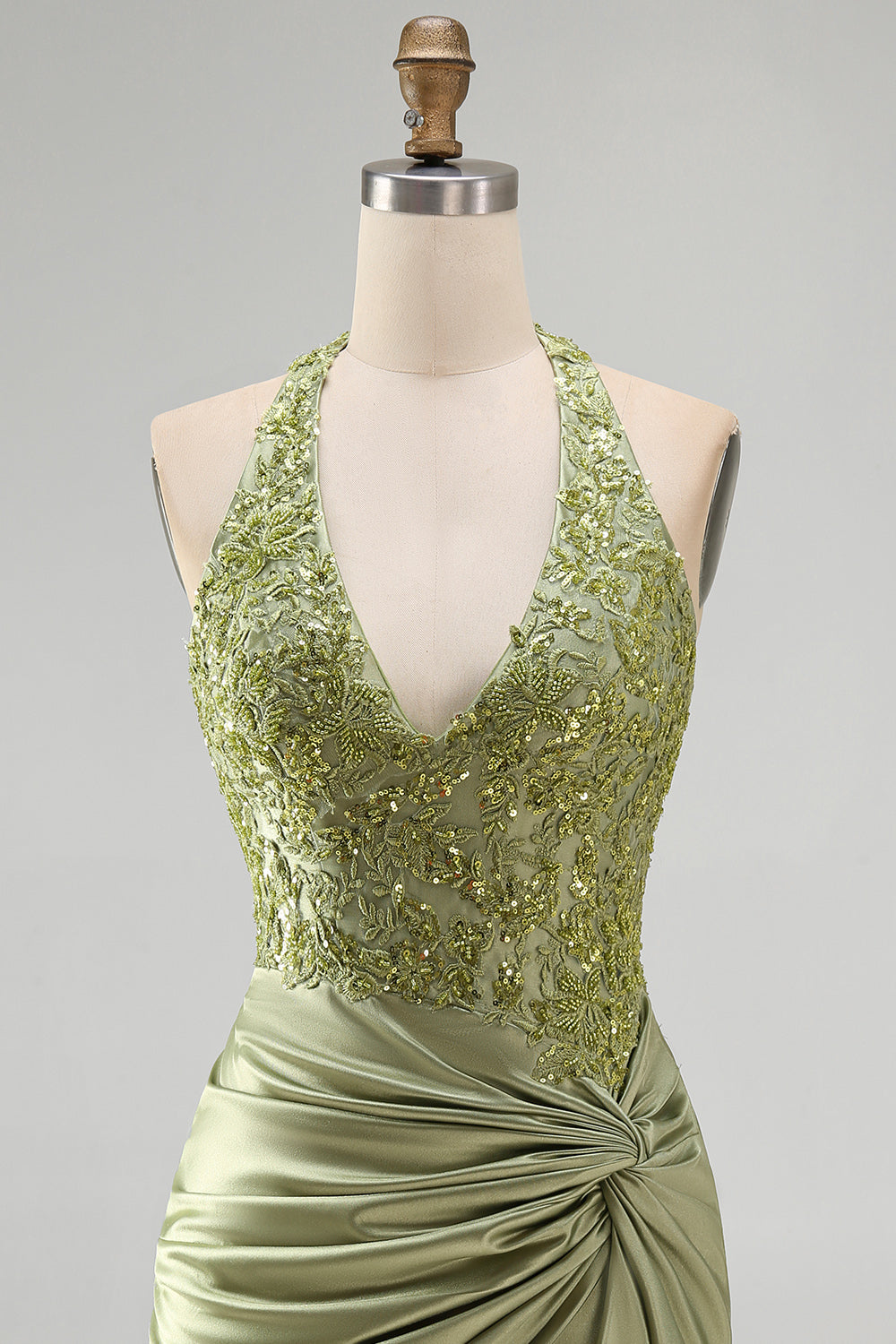 Army Green Appliqued Ruched Halter Tight Short Corset Homecoming Dress