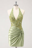 Army Green Appliqued Ruched Halter Tight Short Corset Homecoming Dress
