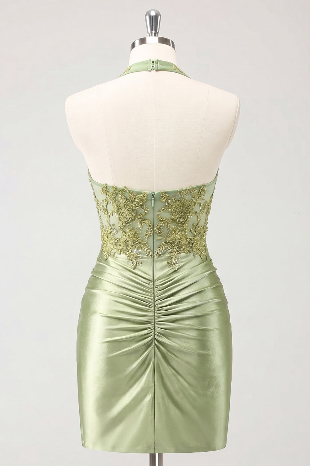 Army Green Appliqued Ruched Halter Tight Short Corset Homecoming Dress