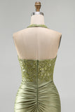 Army Green Appliqued Ruched Halter Tight Short Corset Homecoming Dress