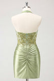 Army Green Appliqued Ruched Halter Tight Short Corset Homecoming Dress