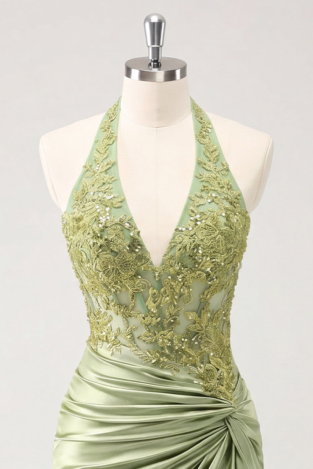 Army Green Appliqued Ruched Halter Tight Short Corset Homecoming Dress