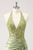 Army Green Appliqued Ruched Halter Tight Short Corset Homecoming Dress
