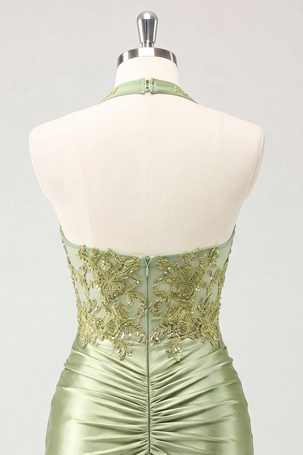 Army Green Appliqued Ruched Halter Tight Short Corset Homecoming Dress