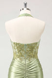 Army Green Appliqued Ruched Halter Tight Short Corset Homecoming Dress