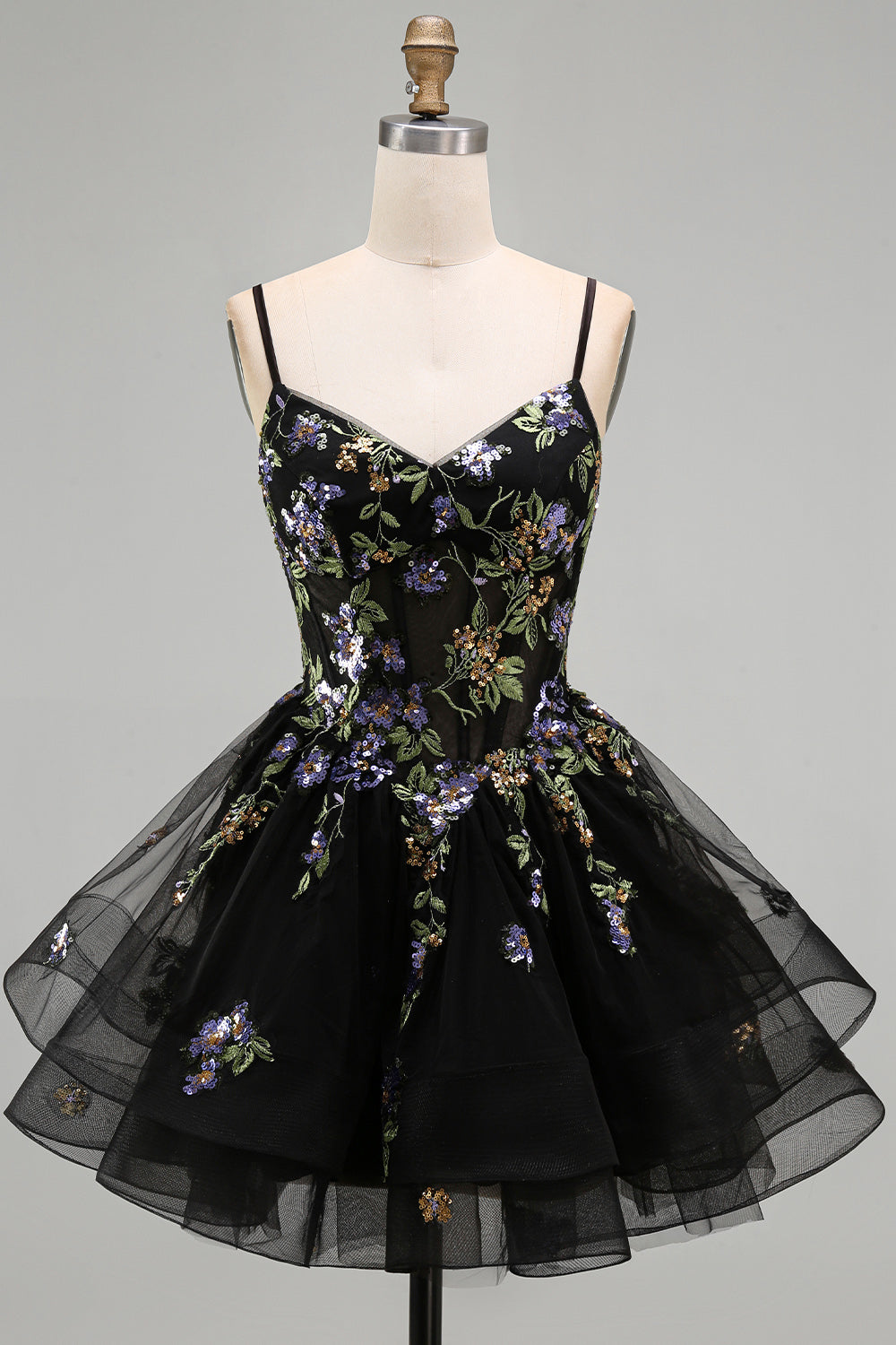 Floral Black Corset Ruffled A-Line Short Homecoming Dress