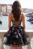 Floral Black Corset Ruffled A-Line Short Homecoming Dress