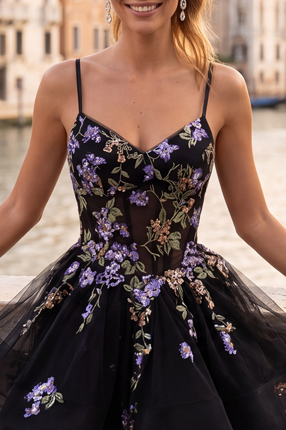 Floral Black Corset Ruffled A-Line Short Homecoming Dress