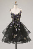 Floral Black Corset Ruffled A-Line Short Homecoming Dress