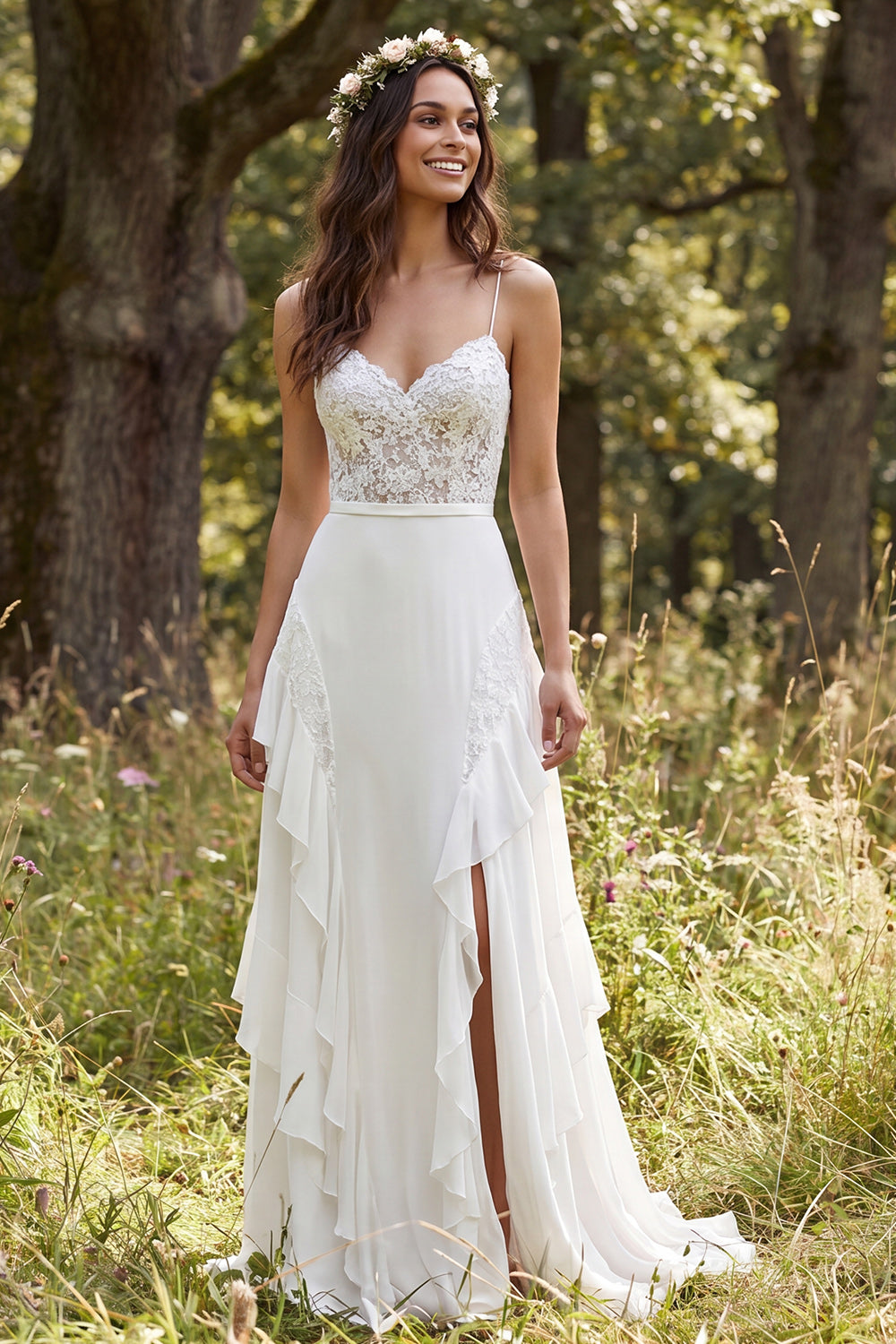 A-Line Ivory Chiffon Sweep Train Ruffled Wedding Dress with Slit