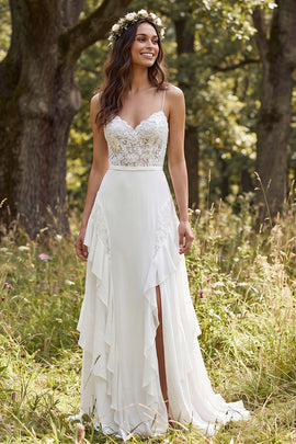 A-Line Ivory Chiffon Sweep Train Ruffled Wedding Dress with Slit