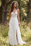 A-Line Ivory Chiffon Sweep Train Ruffled Wedding Dress with Slit