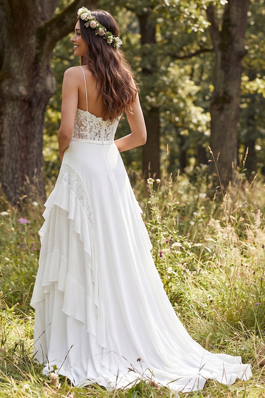 A-Line Ivory Chiffon Sweep Train Ruffled Wedding Dress with Slit