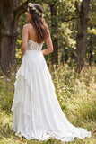 A-Line Ivory Chiffon Sweep Train Ruffled Wedding Dress with Slit