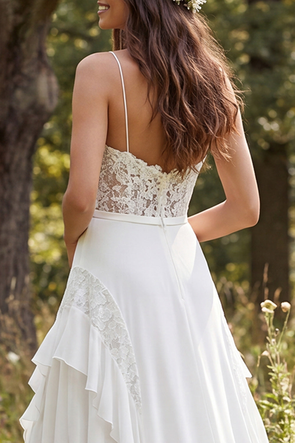 A-Line Ivory Chiffon Sweep Train Ruffled Wedding Dress with Slit
