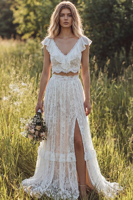 2 Piece Ivory Lace Sweep Train A-Line Boho Wedding Dress with Slit