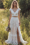 2 Piece Ivory Lace Sweep Train A-Line Boho Wedding Dress with Slit