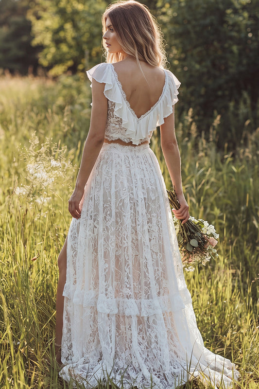 2 Piece Ivory Lace Sweep Train A-Line Boho Wedding Dress with Slit