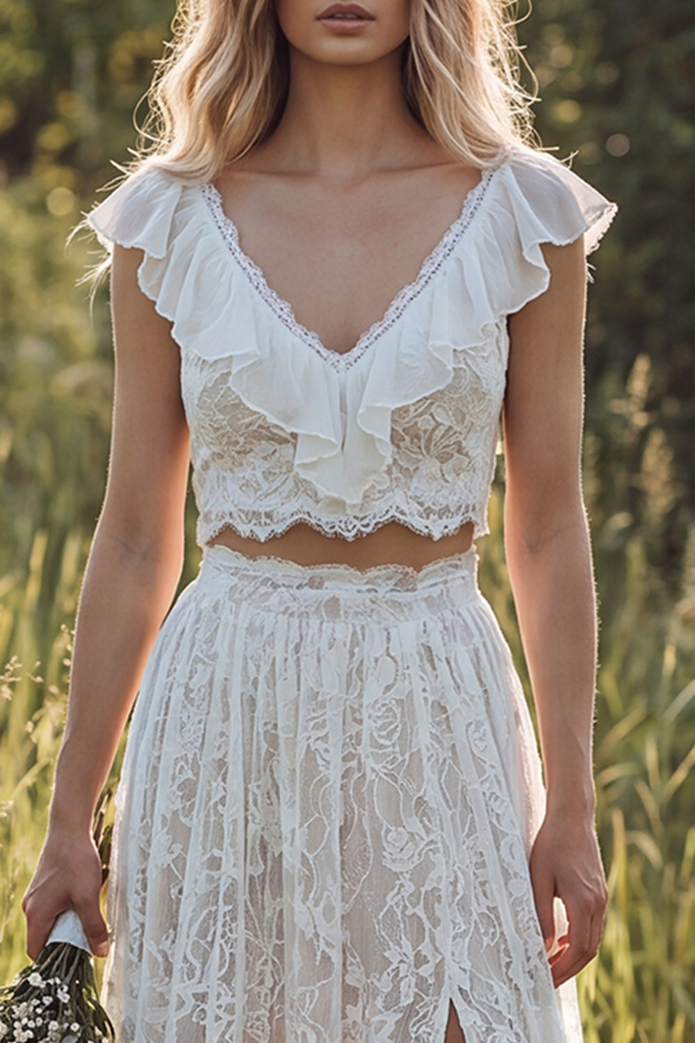 2 Piece Ivory Lace Sweep Train A-Line Boho Wedding Dress with Slit