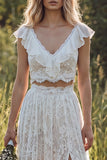 2 Piece Ivory Lace Sweep Train A-Line Boho Wedding Dress with Slit