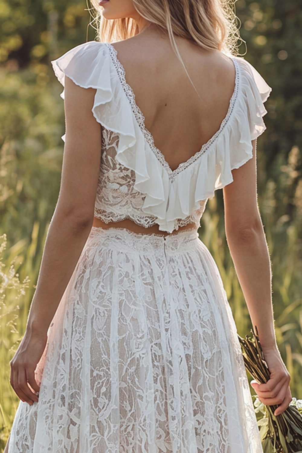 2 Piece Ivory Lace Sweep Train A-Line Boho Wedding Dress with Slit
