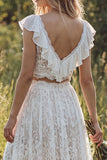 2 Piece Ivory Lace Sweep Train A-Line Boho Wedding Dress with Slit