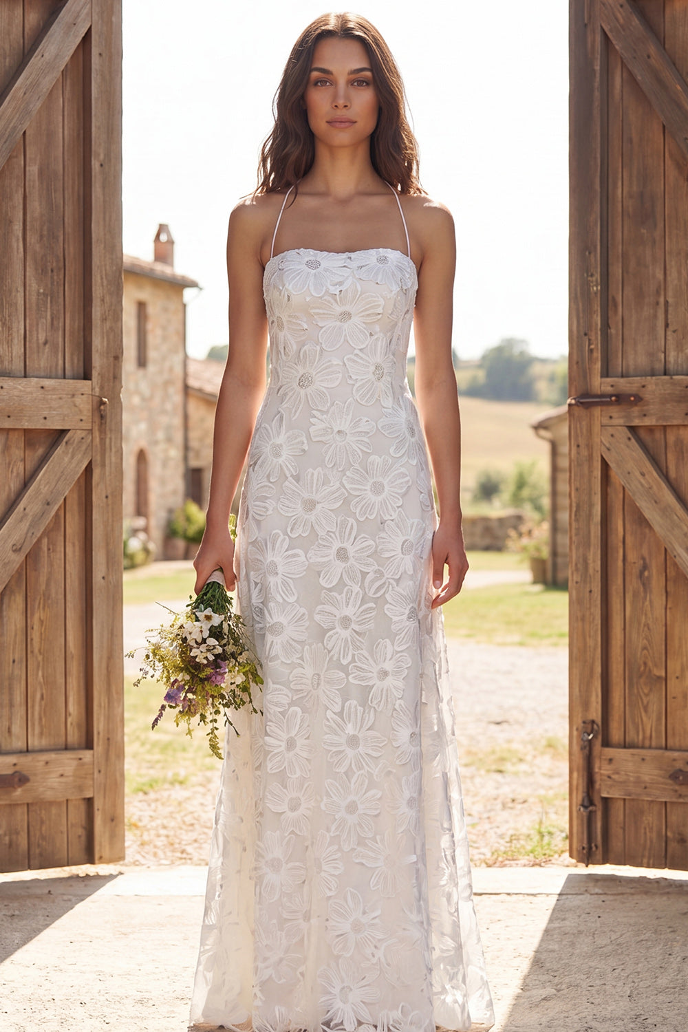Floral Ivory Halter Neck Sweep Train Sheath Wedding Dress