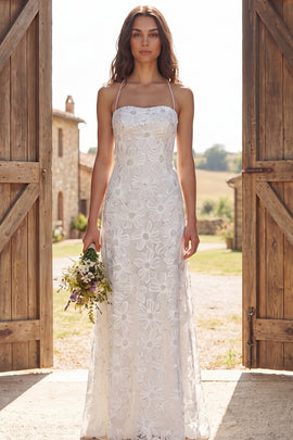 Floral Ivory Halter Neck Sweep Train Sheath Wedding Dress