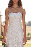 Floral Ivory Halter Neck Sweep Train Sheath Wedding Dress