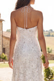 Floral Ivory Halter Neck Sweep Train Sheath Wedding Dress