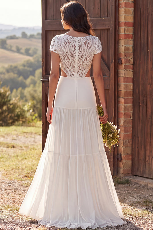 Boat Neck A-Line Ivory Cut Out Sweep Train Wedding Dress with Sleeves